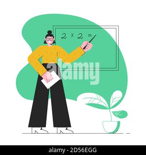 School teacher. A young teacher stands at the blackboard.  Mathematic lesson. Vector illustration in modern flat style isolated on white background. Stock Vector