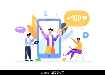Group of guys discussing popular post on social media Stock Vector