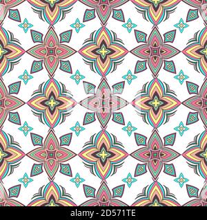 Abstract colorful ornament, oriental curve swirls seamless pattern with flowers and curl, openwork. Multicolored tracery on white background, for Stock Vector