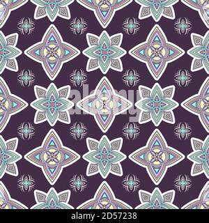 Abstract colorful ornament, oriental curve swirls seamless pattern with flowers and curl, openwork. Multicolored tracery on violet background, for Stock Vector