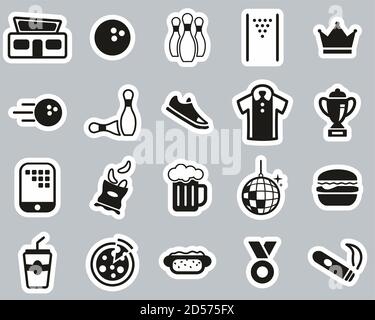Bowling Or Bowling Alley Icons Black & White Sticker Set Big Stock Vector