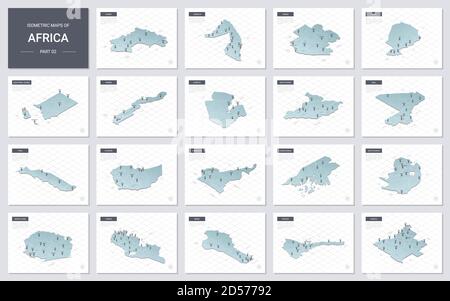 Vector isometric maps set - Africa continent.  Maps of African countries with administrative division and cities. Part 2. Stock Vector