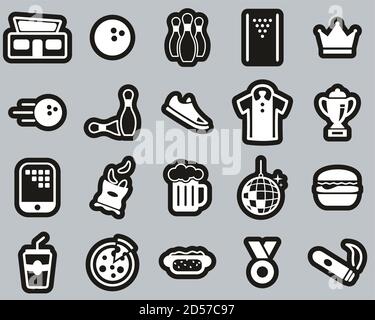 Bowling Or Bowling Alley Icons White On Black Sticker Set Big Stock Vector