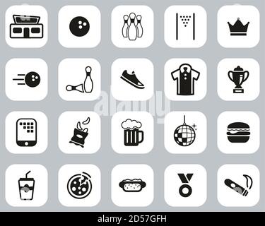 Bowling Or Bowling Alley Icons Black & White Flat Design Set Big Stock Vector