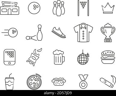 Bowling Or Bowling Alley Icons Thin Line Set Big Stock Vector