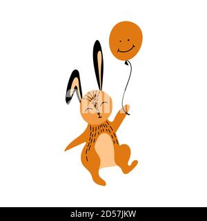 Cute cartoon rabbit dancing with balloon. Funny woodland character isolated on white background. Vector illustration. Stock Vector