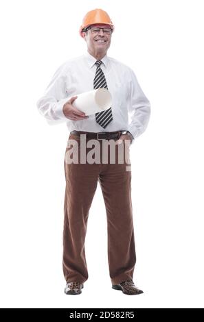 smiling architect with drawings in a protective helmet. isolated on a white Stock Photo
