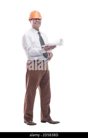 architect looking at the drawing. isolated on a white background Stock Photo
