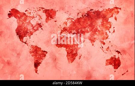 World map in red watercolor painting abstract splatters on paper. Stock Photo