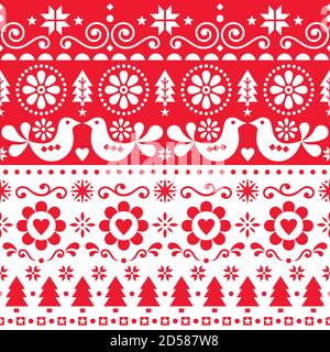 Christmas folk art vector seamless pattern, cute Scandinavian festive design with birds, snowflakes, flowers, Xmas trees in red and white Stock Vector