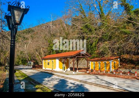 Milies Greece  -The old traditional train station located near the picturesque village named Milies. Stock Photo