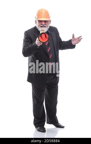 Mature architect making an announcement through a megaphone Stock Photo