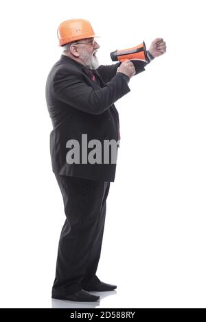 Mature architect making an announcement through a megaphone Stock Photo