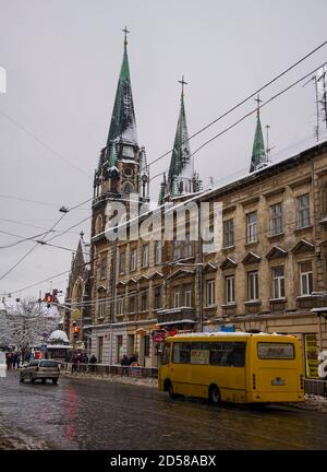 LVIV / UKRAINE - FEBRUARY 04, 2018: Gorodotska - еhe longest street in Lviv city Stock Photo