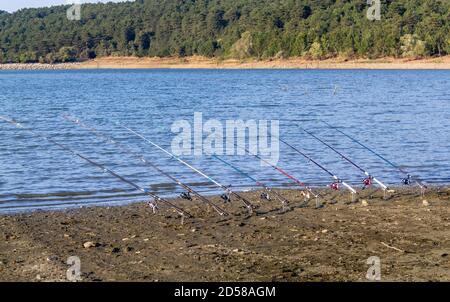 Fishing rods near the lake Stock Photo