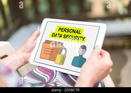 Personal data security concept shown on a tablet held by a woman Stock Photo