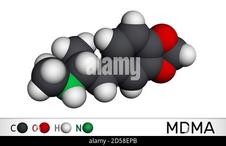 3,4-Methylenedioxymethamphetamine, MDMA, XTC, ecstasy molecule. It is psychoactive, hallucinogen drug. Molecular model. 3D rendering Stock Photo