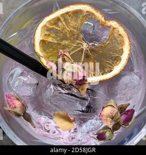 Pink gin and tonic with dried rose buds Stock Photo