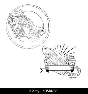 Betta fish logo set collection for template banner hand drawing sketch white isolated background Stock Vector