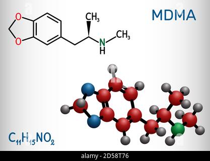 3,4-Methylenedioxymethamphetamine, MDMA, XTC, ecstasy molecule. It is psychoactive, hallucinogen drug. Structural chemical formula and molecule model. Stock Vector