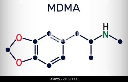 3,4-Methylenedioxymethamphetamine, MDMA, XTC, ecstasy molecule. It is psychoactive, hallucinogen drug. Skeletal chemical formula. Vector illustration Stock Vector