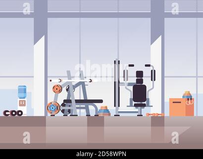empty no people sport gym interior workout equipment training apparatus fitness healthy lifestyle concept vector illustration Stock Vector