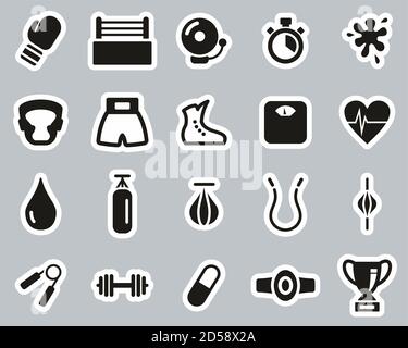 Boxing Sport & Equipment Icons Black & White Sticker Set Big Stock Vector