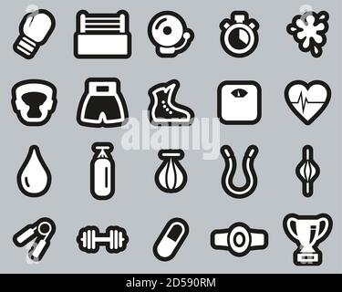 Boxing Sport & Equipment Icons White On Black Sticker Set Big Stock Vector