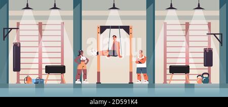 sportsman gymnast doing abs exercises man exercising on horizontal bar working out fitness training healthy lifestyle concept gym studio interior full length horizontal vector illustration Stock Vector