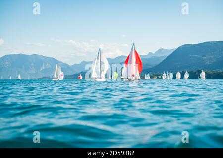 Sailing boats on Attersee, Salzkammergut, Upper Austria, Austria Stock Photo