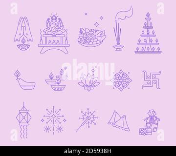 Diwali, Hindu festival of lights - Set of outline icons. Deepavali symbols. Lamp Dipa, sand art Rangoli, home altar for Puja offerings and fireworks Stock Vector