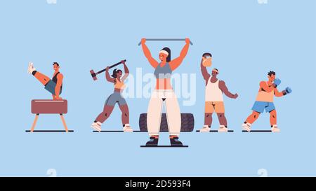 mix race people doing physical exercises working out in gym fitness training healthy lifestyle concept full length horizontal vector illustration Stock Vector