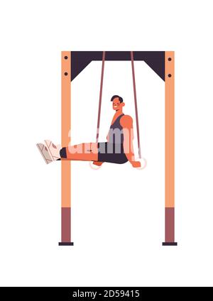 sportsman doing abs exercises man exercising on horizontal bar working out in gym fitness training healthy lifestyle concept full length vertical vector illustration Stock Vector