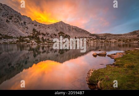 Mt Crocker mountain reflections in Pioneer Basin Lakes at sunset, Inyo National Forest, California, USA Stock Photo