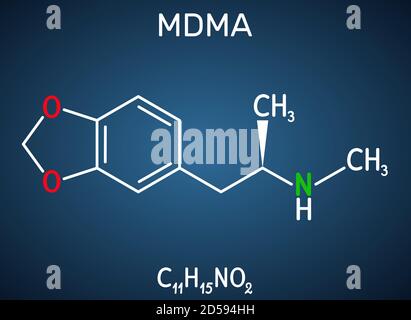 3,4-Methylenedioxymethamphetamine, MDMA, XTC, ecstasy molecule. It is psychoactive, hallucinogen drug. Structural chemical formula on the dark blue ba Stock Vector