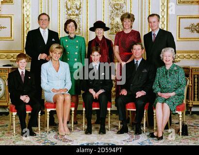 Members of the British Royal Family sit for an official portrait in the white drawing room at Windsor Castle after Prince William's confirmation at St Georges Chapel March 9. Pictured are, (Left to Right Front Row) Prince Harry, Diana Princess of Wales, Prince William, the Prince of Wales, Queen Elizabeth II, (back row Left to Right) King Constatine of Greece, Lady Susan Hussey, Princess Alexandra, the Duchess of Westminster, and Lord Romsey.