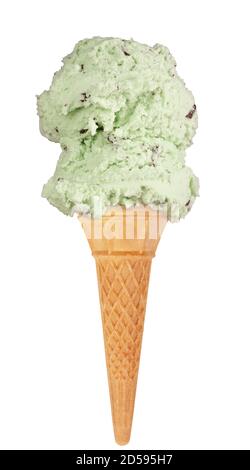 Double scoop of mint choc chip ice cream in a waffle cone. Stock Photo