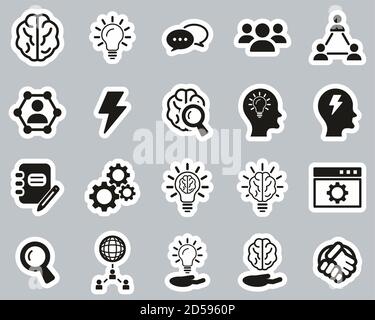 Brainstorming Or Idea Icons Black & White Sticker Set Big Stock Vector