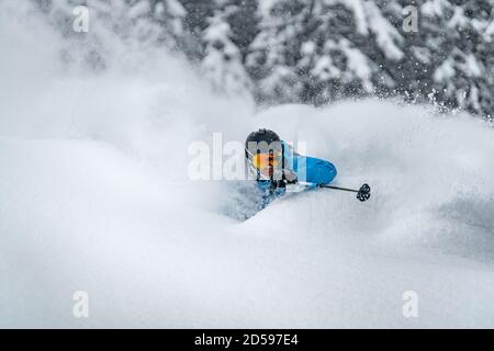 Man backcountry powder skiing, Werfenweng, St Johann im Pongau, Salzburg, Austria Stock Photo