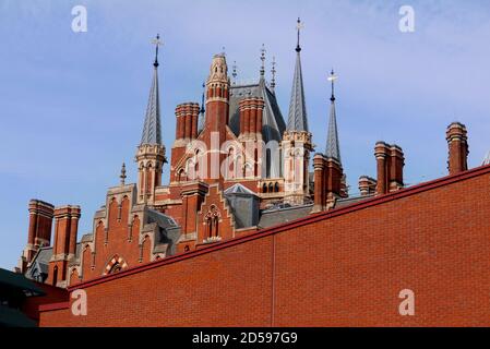Rooftops and spires of St Pancras International railway station from the British Library, Euston Road, Camden, London, United Kingdom Stock Photo