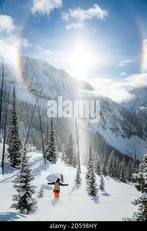 A Woman Skiing Deep Powder Snow In A Storm Alpine Meadows In Lake Tahoe 