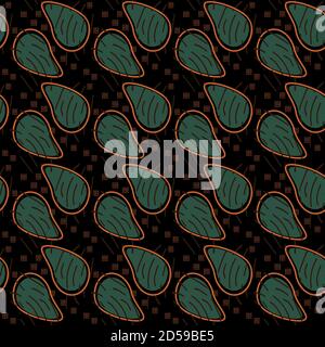 Abstract Green seamless pattern with gold, black, dark brown or yellow colors and lines, dots and forms like avocado Stock Vector