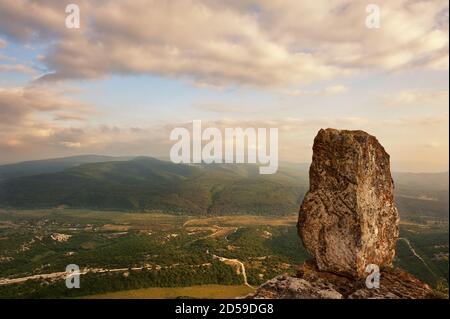 Cave city Tepe-Kermen. The stone on the edge. Stock Photo