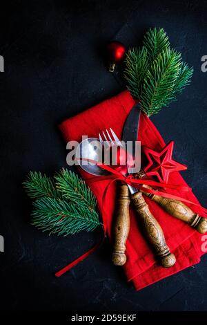 Overhead view of a Christmas place setting on a table Stock Photo