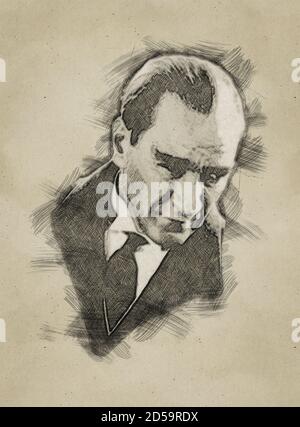 Pencil sketch portrait illustration of Mustafa Kemal Ataturk Stock Photo