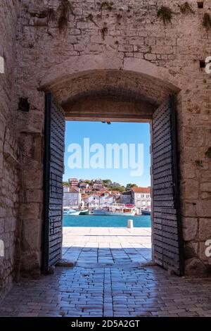 City gate in old mediterranean town Trogir, Croatia. Stock Photo