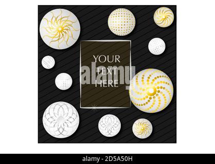 Advertising poster with frame for the inscription. White shiny balls on a dark background. Stock Vector
