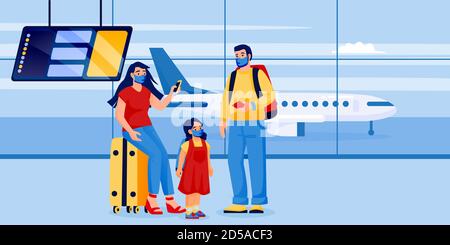 Family with child in medical protection masks in airport terminal. Vector illustration. Man, woman, little girl traveling by airplane during coronavir Stock Vector