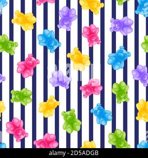 Jelly bear candy and navy stripes vector seamless pattern. Sweet colorful kids background. Vector cartoon illustration. Multicolor fabric design, birt Stock Vector