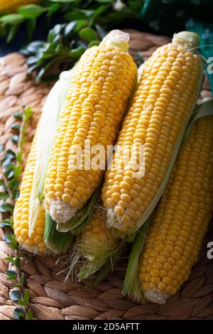 Composition with fresh corn cobs on table. Cobs of ripe raw corn.  Fresh uncooked corncob. Stock Photo